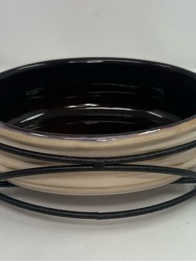 Tastefully Simple Oval Ceramic Baker with Black Metal Rack crock